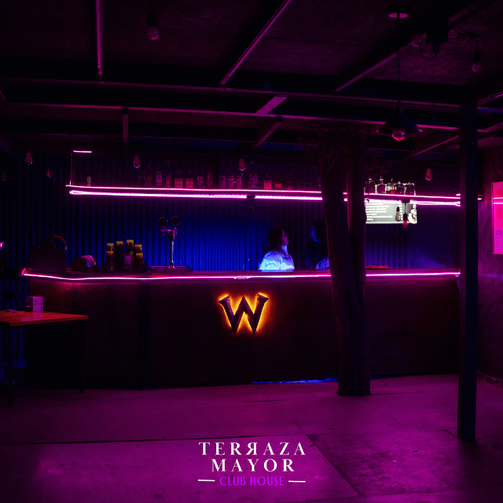 Barra del salón iluminada con neón